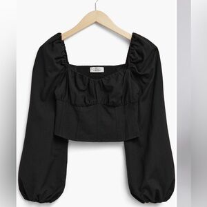 & Other Stories Crop Fitted Smocked Corset Puff Balloon Long Sleeve Top Black 2